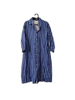 Hibiscus Linens Blue Striped 100% Cotton 3/4 Sleeves Shirt Dress Womens XLarge